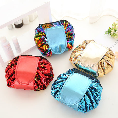 Mermaid Sequins design Cosmetic Bag Drawstring Makeup Case Women Travel Make Up Organizer Storage Pouch Toiletry Wash Kit