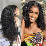 Front Lace Fluffy Black Medium Length Small Curly Wig