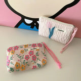 Korean Female Floral Purse Zipper Coin Pouch Case Small Flower Cosmetic Bag Cotton Mini Fabric Women Travel Make Up Toiletry Bag