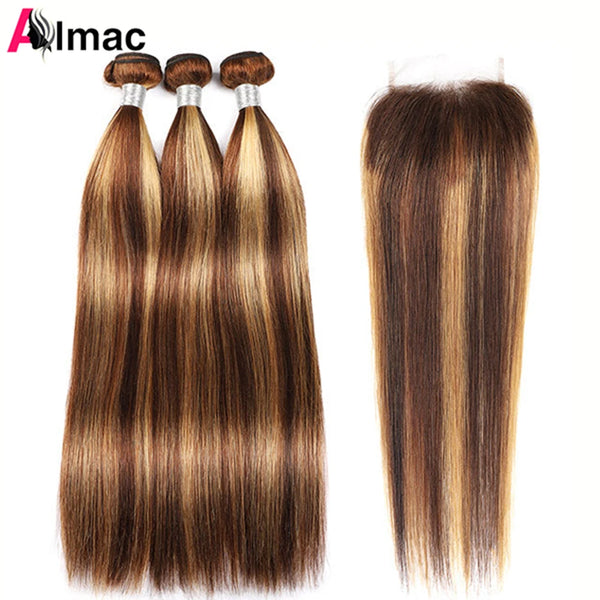 Highlighted Straight Human Hair Bundles with HD Lace Closure | Peruvian Remy